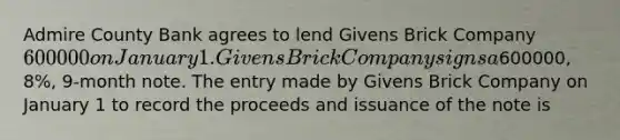 Admire County Bank agrees to lend Givens Brick Company 600000 on January 1. Givens Brick Company signs a600000, 8%, 9-month note. The entry made by Givens Brick Company on January 1 to record the proceeds and issuance of the note is