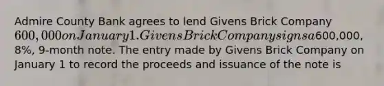 Admire County Bank agrees to lend Givens Brick Company 600,000 on January 1. Givens Brick Company signs a600,000, 8%, 9-month note. The entry made by Givens Brick Company on January 1 to record the proceeds and issuance of the note is