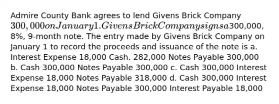 Admire County Bank agrees to lend Givens Brick Company 300,000 on January 1. Givens Brick Company signs a300,000, 8%, 9-month note. The entry made by Givens Brick Company on January 1 to record the proceeds and issuance of the note is a. Interest Expense 18,000 Cash. 282,000 Notes Payable 300,000 b. Cash 300,000 Notes Payable 300,000 c. Cash 300,000 Interest Expense 18,000 Notes Payable 318,000 d. Cash 300,000 Interest Expense 18,000 Notes Payable 300,000 Interest Payable 18,000