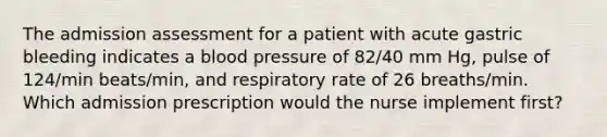 The admission assessment for a patient with acute gastric bleeding indicates a blood pressure of 82/40 mm Hg, pulse of 124/min beats/min, and respiratory rate of 26 breaths/min. Which admission prescription would the nurse implement first?