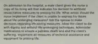 On admission to the hospital, a male client gives the nurse a copy of his living will that indicates his decision to withhold resuscitative measures to prolong his life. What action should the nurse implement if the client is unable to express his desire about life-prolonging measures? Ask the spouse to make decisions regarding life-saving measures. Allow the client to die with dignity and without life-prolonging techniques. Administer medications to ensure a painless death and end the client's suffering. Implement all measures of technical assistance and equipment to prolong life.