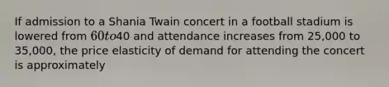 If admission to a Shania Twain concert in a football stadium is lowered from 60 to40 and attendance increases from 25,000 to 35,000, the price elasticity of demand for attending the concert is approximately