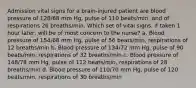 Admission vital signs for a brain-injured patient are blood pressure of 128/68 mm Hg, pulse of 110 beats/min, and of respirations 26 breaths/min. Which set of vital signs, if taken 1 hour later, will be of most concern to the nurse? a. Blood pressure of 154/68 mm Hg, pulse of 56 beats/min, respirations of 12 breaths/min b. Blood pressure of 134/72 mm Hg, pulse of 90 beats/min, respirations of 32 breaths/min c. Blood pressure of 148/78 mm Hg, pulse of 112 beats/min, respirations of 28 breaths/min d. Blood pressure of 110/70 mm Hg, pulse of 120 beats/min, respirations of 30 breaths/min