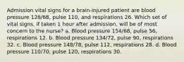 Admission vital signs for a brain-injured patient are blood pressure 128/68, pulse 110, and respirations 26. Which set of vital signs, if taken 1 hour after admission, will be of most concern to the nurse? a. Blood pressure 154/68, pulse 56, respirations 12. b. Blood pressure 134/72, pulse 90, respirations 32. c. Blood pressure 148/78, pulse 112, respirations 28. d. Blood pressure 110/70, pulse 120, respirations 30.