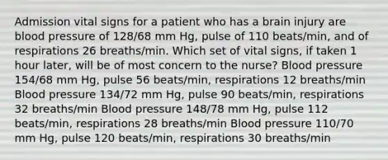 Admission vital signs for a patient who has a brain injury are blood pressure of 128/68 mm Hg, pulse of 110 beats/min, and of respirations 26 breaths/min. Which set of vital signs, if taken 1 hour later, will be of most concern to the nurse? Blood pressure 154/68 mm Hg, pulse 56 beats/min, respirations 12 breaths/min Blood pressure 134/72 mm Hg, pulse 90 beats/min, respirations 32 breaths/min Blood pressure 148/78 mm Hg, pulse 112 beats/min, respirations 28 breaths/min Blood pressure 110/70 mm Hg, pulse 120 beats/min, respirations 30 breaths/min