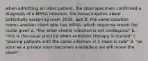 when admitting an older patient, the stool specimen confirmed a diagnosis of a MRSA infection. the nurse inquires about potentially assigning room 2010, bed B, the same isolation rooms another client who has MRSA. which response would the nurse give? a. "the other clients infection is not contagious" b. "this is the usual practice when antibiotic therapy is started" c. "placing patients with the same infection in 1 room is safe" d. "as soon as a private room becomes available;e we will move the client"