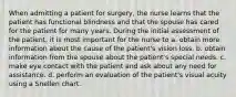 When admitting a patient for surgery, the nurse learns that the patient has functional blindness and that the spouse has cared for the patient for many years. During the initial assessment of the patient, it is most important for the nurse to a. obtain more information about the cause of the patient's vision loss. b. obtain information from the spouse about the patient's special needs. c. make eye contact with the patient and ask about any need for assistance. d. perform an evaluation of the patient's visual acuity using a Snellen chart.