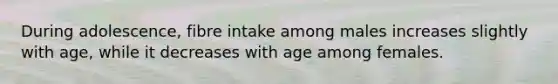 During adolescence, fibre intake among males increases slightly with age, while it decreases with age among females.