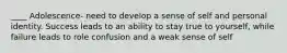 ____ Adolescence- need to develop a sense of self and personal identity. Success leads to an ability to stay true to yourself, while failure leads to role confusion and a weak sense of self