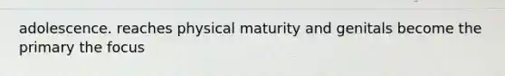 adolescence. reaches physical maturity and genitals become the primary the focus