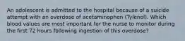 An adolescent is admitted to the hospital because of a suicide attempt with an overdose of acetaminophen (Tylenol). Which blood values are most important for the nurse to monitor during the first 72 hours following ingestion of this overdose?