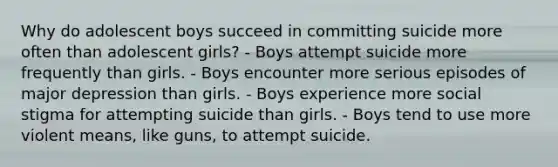 Why do adolescent boys succeed in committing suicide more often than adolescent girls? - Boys attempt suicide more frequently than girls. - Boys encounter more serious episodes of major depression than girls. - Boys experience more social stigma for attempting suicide than girls. - Boys tend to use more violent means, like guns, to attempt suicide.