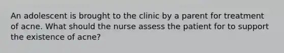 An adolescent is brought to the clinic by a parent for treatment of acne. What should the nurse assess the patient for to support the existence of acne?