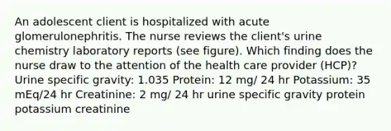 An adolescent client is hospitalized with acute glomerulonephritis. The nurse reviews the client's urine chemistry laboratory reports (see figure). Which finding does the nurse draw to the attention of the health care provider (HCP)? Urine specific gravity: 1.035 Protein: 12 mg/ 24 hr Potassium: 35 mEq/24 hr Creatinine: 2 mg/ 24 hr urine specific gravity protein potassium creatinine