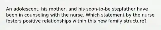 An adolescent, his mother, and his soon-to-be stepfather have been in counseling with the nurse. Which statement by the nurse fosters positive relationships within this new family structure?