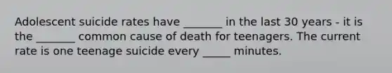 Adolescent suicide rates have _______ in the last 30 years - it is the _______ common cause of death for teenagers. The current rate is one teenage suicide every _____ minutes.