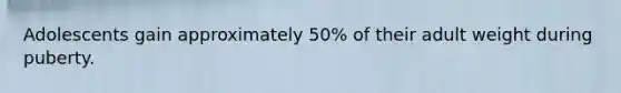Adolescents gain approximately 50% of their adult weight during puberty.