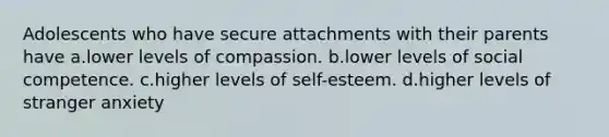 Adolescents who have secure attachments with their parents have a.lower levels of compassion. b.lower levels of social competence. c.higher levels of self-esteem. d.higher levels of stranger anxiety