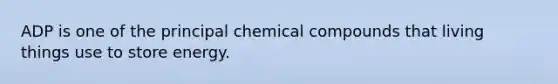 ADP is one of the principal <a href='https://www.questionai.com/knowledge/k1Ta00pLIR-chemical-compounds' class='anchor-knowledge'>chemical compounds</a> that living things use to store energy.