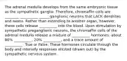 The adrenal medulla develops from the same embryonic tissue as the sympathetic ganglia. Therefore, chromaffin cells are ________ __________ ______ganglionic neurons that LACK dendrites and axons. Rather than extending to another organ, however, these cells release __________ into the blood. Upon stimulation by sympathetic preganglionic neurons, the chromaffin cells of the adrenal medulla release a mixture of __________ hormones: about 80% __________, 20% __________, and a trace amount of __________. True or False: These hormones circulate through the body and intensify responses elicited (drawn out) by the sympathetic nervous system.