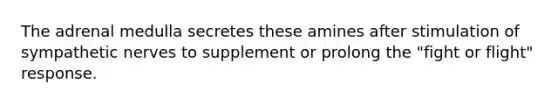The adrenal medulla secretes these amines after stimulation of sympathetic nerves to supplement or prolong the "fight or flight" response.