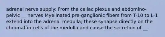 adrenal nerve supply: From the celiac plexus and abdomino-pelvic __ nerves Myelinated pre-ganglionic fibers from T-10 to L-1 extend into the adrenal medulla; these synapse directly on the chromaffin cells of the medulla and cause the secretion of __.