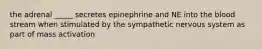 the adrenal _____ secretes epinephrine and NE into the blood stream when stimulated by the sympathetic nervous system as part of mass activation