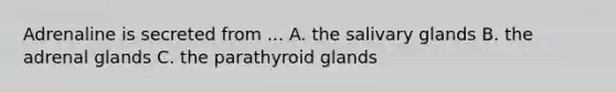 Adrenaline is secreted from ... A. the salivary glands B. the adrenal glands C. the parathyroid glands