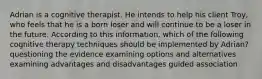 Adrian is a cognitive therapist. He intends to help his client Troy, who feels that he is a born loser and will continue to be a loser in the future. According to this information, which of the following cognitive therapy techniques should be implemented by Adrian? questioning the evidence examining options and alternatives examining advantages and disadvantages guided association