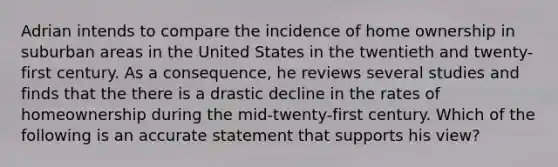 Adrian intends to compare the incidence of home ownership in suburban areas in the United States in the twentieth and twenty-first century. As a consequence, he reviews several studies and finds that the there is a drastic decline in the rates of homeownership during the mid-twenty-first century. Which of the following is an accurate statement that supports his view?