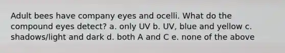 Adult bees have company eyes and ocelli. What do the compound eyes detect? a. only UV b. UV, blue and yellow c. shadows/light and dark d. both A and C e. none of the above