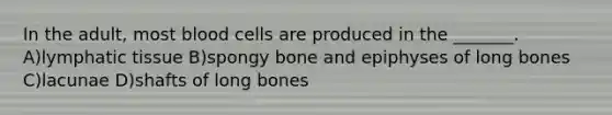 In the adult, most blood cells are produced in the _______. A)lymphatic tissue B)spongy bone and epiphyses of long bones C)lacunae D)shafts of long bones