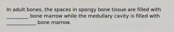 In adult bones, the spaces in spongy bone tissue are filled with _________ bone marrow while the medullary cavity is filled with ____________ bone marrow.