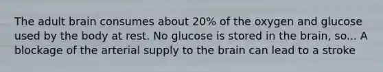 The adult brain consumes about 20% of the oxygen and glucose used by the body at rest. No glucose is stored in the brain, so... A blockage of the arterial supply to the brain can lead to a stroke