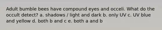 Adult bumble bees have compound eyes and occeli. What do the occult detect? a. shadows / light and dark b. only UV c. UV blue and yellow d. both b and c e. both a and b