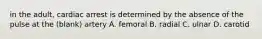 in the adult, cardiac arrest is determined by the absence of the pulse at the (blank) artery A. femoral B. radial C. ulnar D. carotid