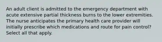 An adult client is admitted to the emergency department with acute extensive partial thickness burns to the lower extremities. The nurse anticipates the primary health care provider will initially prescribe which medications and route for pain control? Select all that apply.