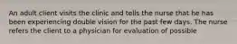 An adult client visits the clinic and tells the nurse that he has been experiencing double vision for the past few days. The nurse refers the client to a physician for evaluation of possible