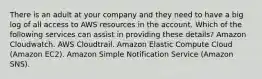 There is an adult at your company and they need to have a big log of all access to AWS resources in the account. Which of the following services can assist in providing these details? Amazon Cloudwatch. AWS Cloudtrail. Amazon Elastic Compute Cloud (Amazon EC2). Amazon Simple Notification Service (Amazon SNS).