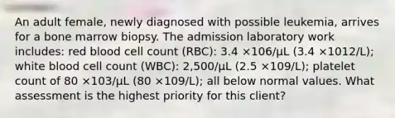 An adult female, newly diagnosed with possible leukemia, arrives for a bone marrow biopsy. The admission laboratory work includes: red blood cell count (RBC): 3.4 ×106/µL (3.4 ×1012/L); white blood cell count (WBC): 2,500/µL (2.5 ×109/L); platelet count of 80 ×103/µL (80 ×109/L); all below normal values. What assessment is the highest priority for this client?