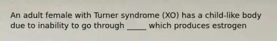 An adult female with Turner syndrome (XO) has a child-like body due to inability to go through _____ which produces estrogen