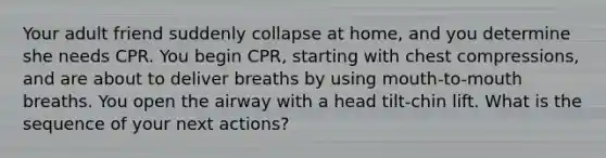 Your adult friend suddenly collapse at home, and you determine she needs CPR. You begin CPR, starting with chest compressions, and are about to deliver breaths by using mouth-to-mouth breaths. You open the airway with a head tilt-chin lift. What is the sequence of your next actions?