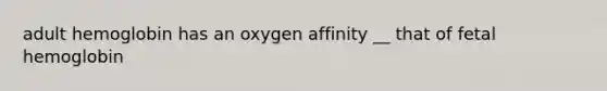 adult hemoglobin has an oxygen affinity __ that of fetal hemoglobin