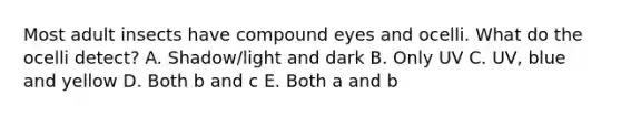 Most adult insects have compound eyes and ocelli. What do the ocelli detect? A. Shadow/light and dark B. Only UV C. UV, blue and yellow D. Both b and c E. Both a and b