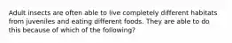 Adult insects are often able to live completely different habitats from juveniles and eating different foods. They are able to do this because of which of the following?