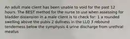 An adult male client has been unable to void for the past 12 hours. The BEST method for the nurse to use when assessing for bladder distension in a male client is to check for: 1 a rounded swelling above the pubis 2 dullness in the LLQ 3 rebound tenderness below the symphysis 4 urine discharge from urethral meatus