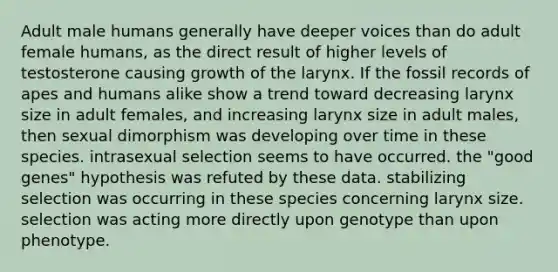 Adult male humans generally have deeper voices than do adult female humans, as the direct result of higher levels of testosterone causing growth of the larynx. If the fossil records of apes and humans alike show a trend toward decreasing larynx size in adult females, and increasing larynx size in adult males, then sexual dimorphism was developing over time in these species. intrasexual selection seems to have occurred. the "good genes" hypothesis was refuted by these data. stabilizing selection was occurring in these species concerning larynx size. selection was acting more directly upon genotype than upon phenotype.