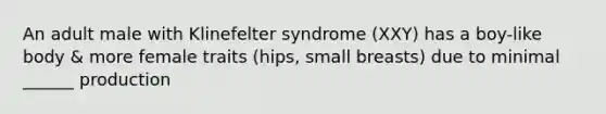 An adult male with Klinefelter syndrome (XXY) has a boy-like body & more female traits (hips, small breasts) due to minimal ______ production