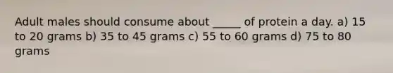 Adult males should consume about _____ of protein a day. a) 15 to 20 grams b) 35 to 45 grams c) 55 to 60 grams d) 75 to 80 grams