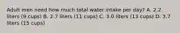 Adult men need how much total water intake per day? A. 2.2 liters (9 cups) B. 2.7 liters (11 cups) C. 3.0 liters (13 cups) D. 3.7 liters (15 cups)